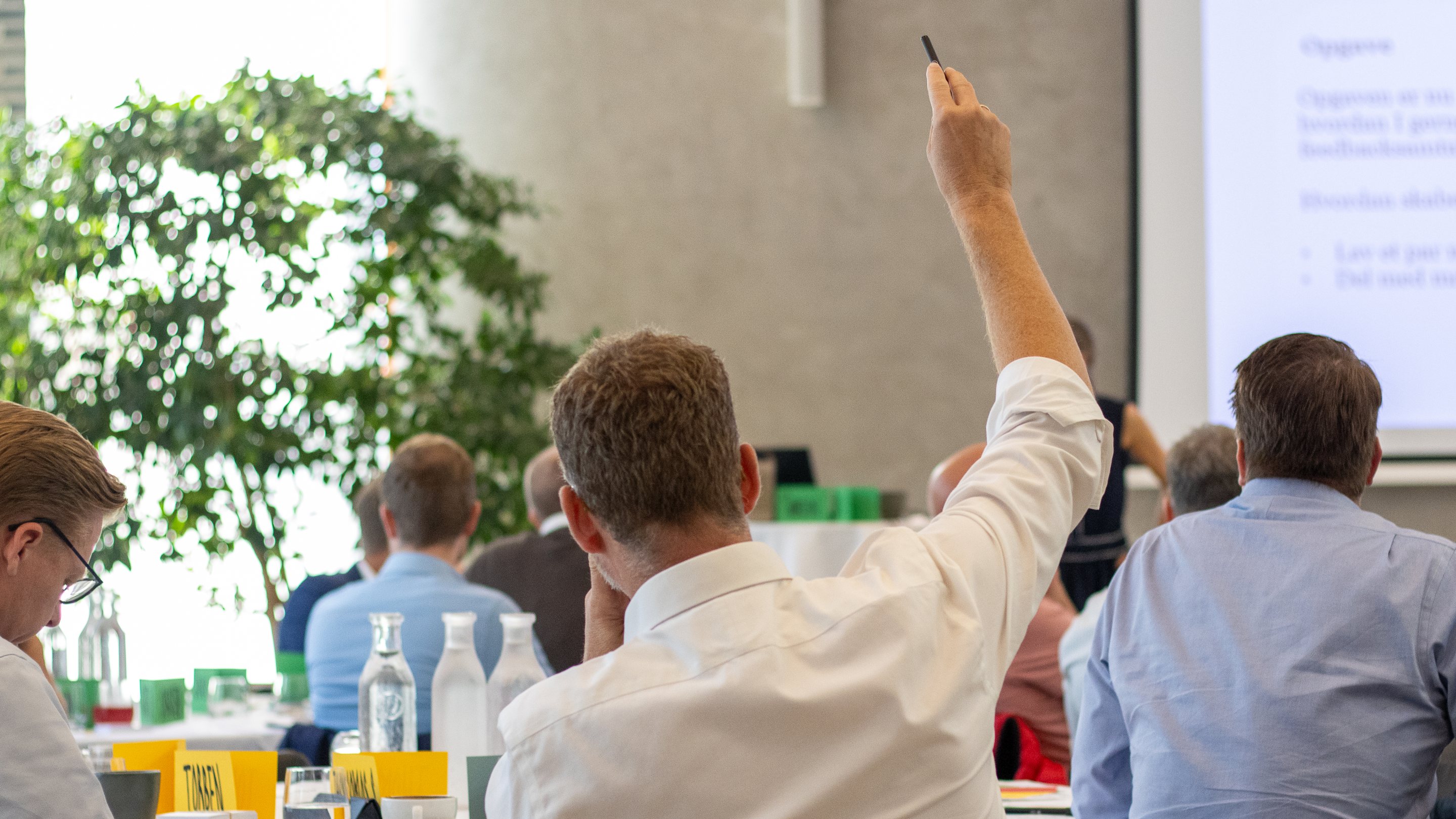 A ZILLION consultant raising a hand to ask a question in a plenary session
